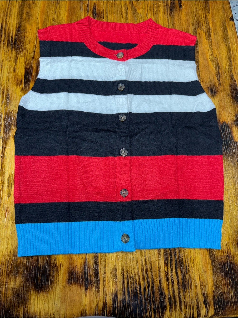 Women’s V-Neck Stripe Button-Front Sweater Vest - Red/Black/White/Blue